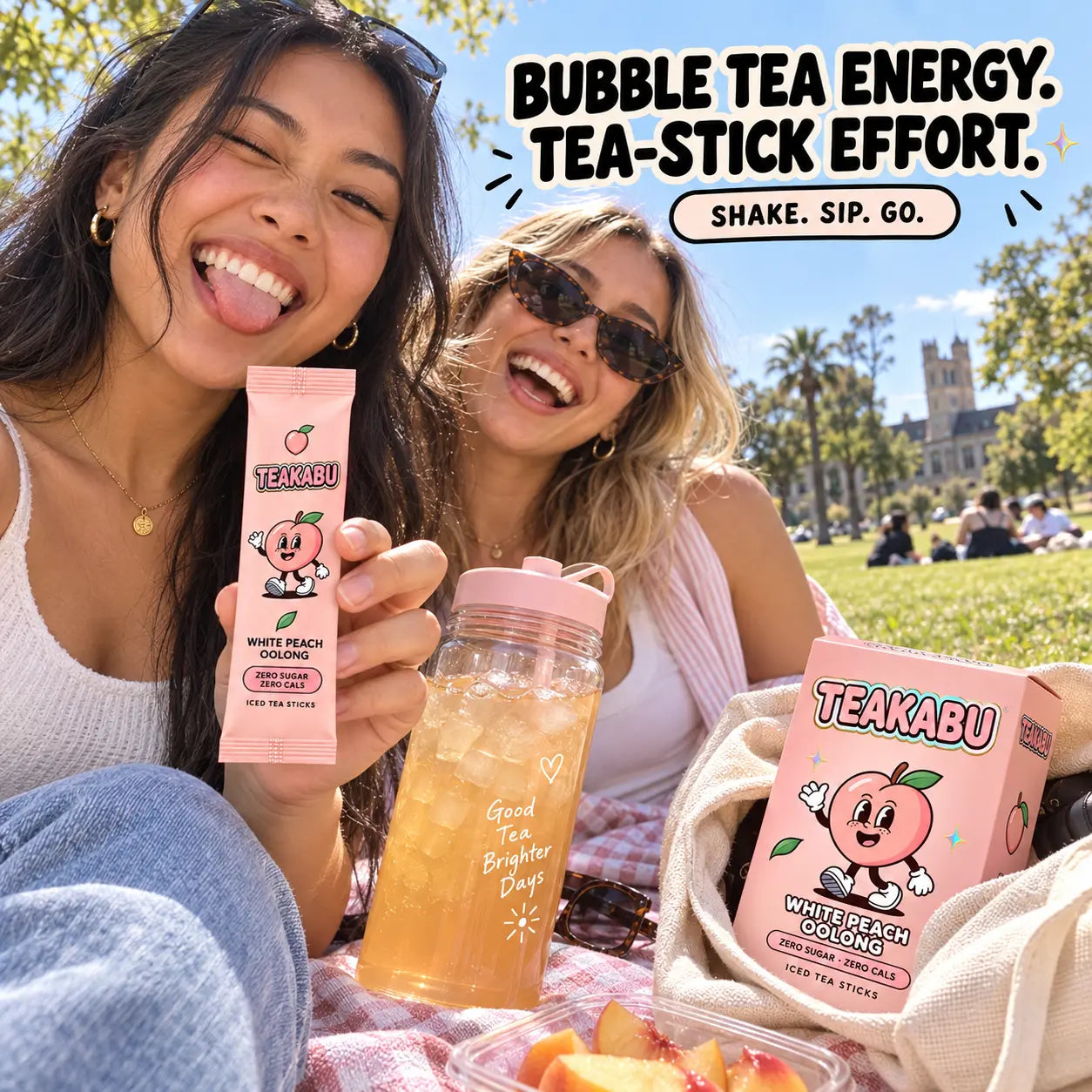 Two friends enjoying TEAKABU White Peach Oolong iced tea