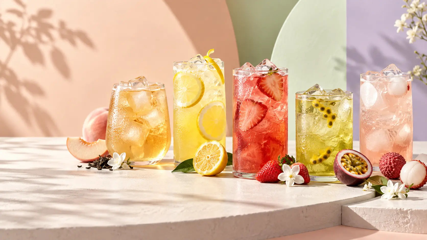 Five colourful freshly mixed TEAKABU iced tea flavours